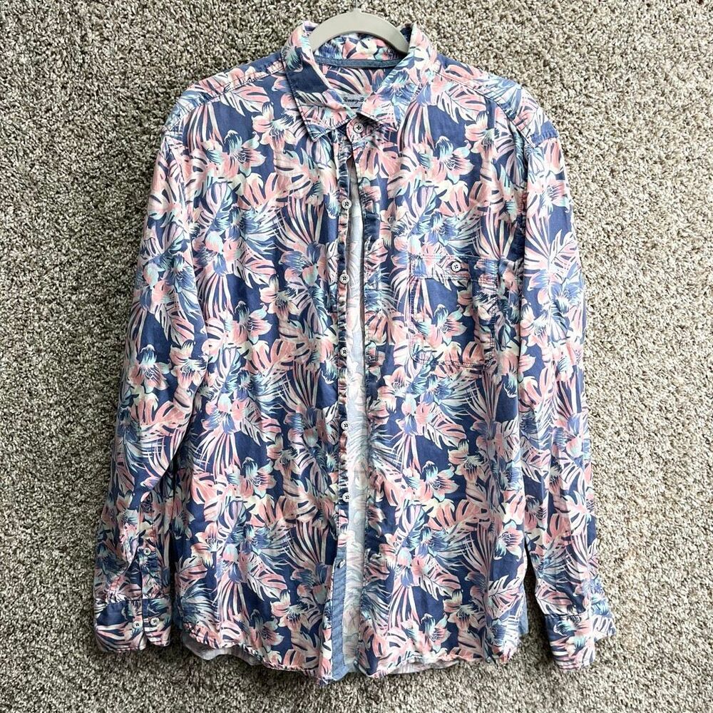 Tommy Bahama Shirt Men’s L Pink/Blue Tropical Hawaiian Long Sleeve Button Down